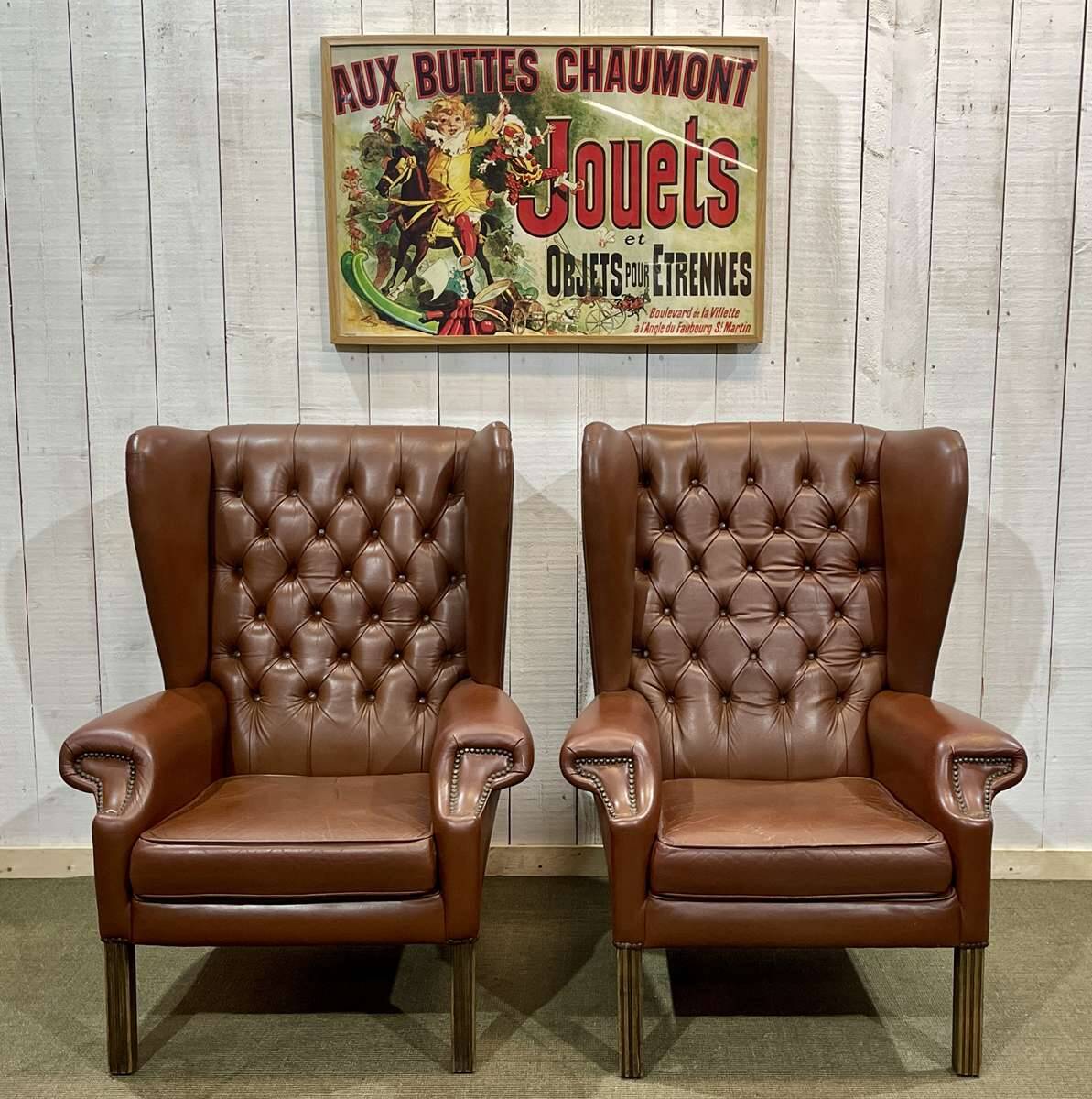 Pair of 1970s Chesterfield wingback chairs in brown leather