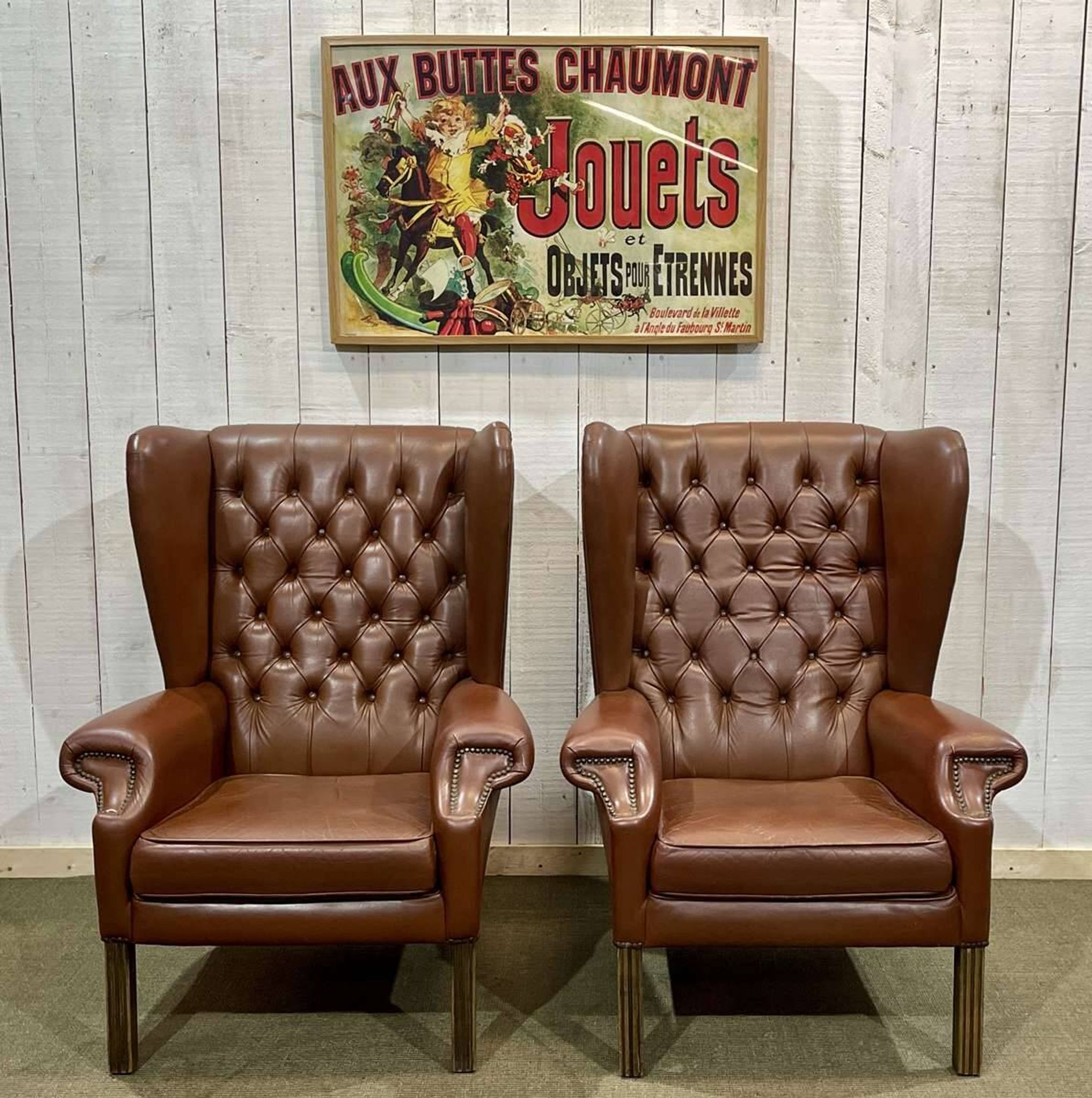 Pair of 1970s Chesterfield wingback chairs in brown leather