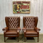 Pair of 1970s Chesterfield wingback chairs in brown leather