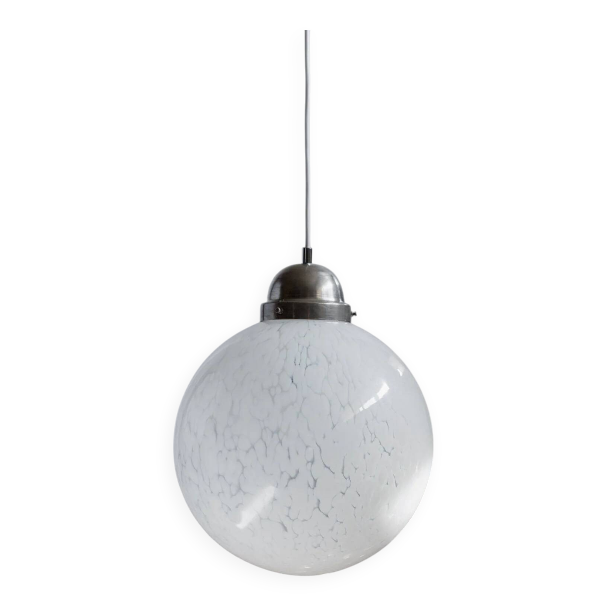 White Murano Glass Globe Pendant Lamp with Chrome Top – 1960s Space-Age, XL Mid-Century Ceiling Light
