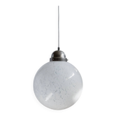 White Murano Glass Globe Pendant Lamp with Chrome Top – 1960s Space-Age, XL Mid-Century Ceiling Light