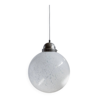 White Murano Glass Globe Pendant Lamp with Chrome Top – 1960s Space-Age, XL Mid-Century Ceiling Light