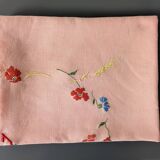 Antique hand-embroidered pink linen tablecloth, 170x130 cm – Unique piece