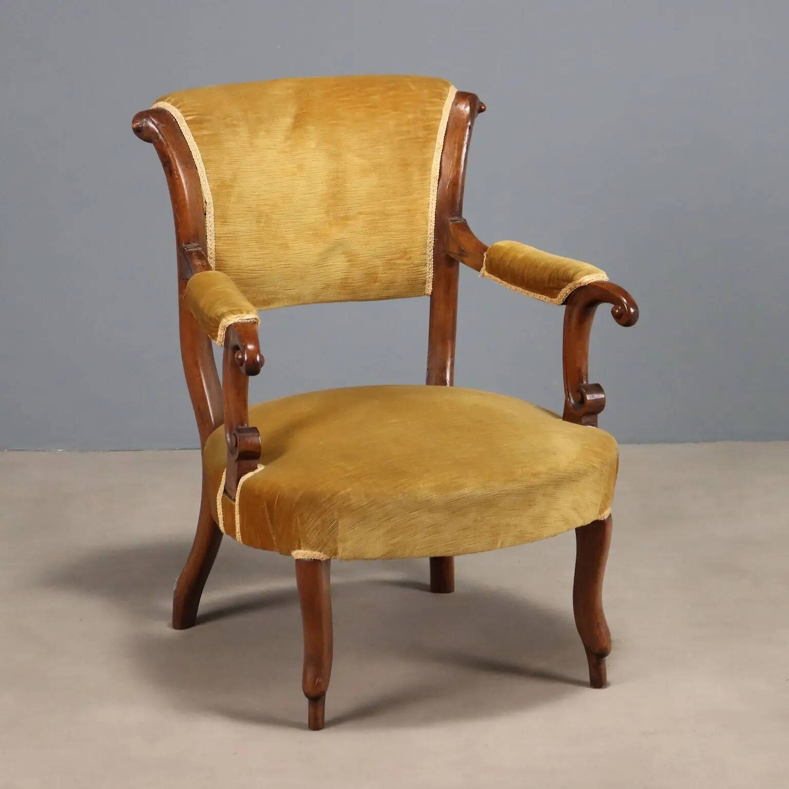 Antique walnut and fabric armchair, Italy, late 19th century.