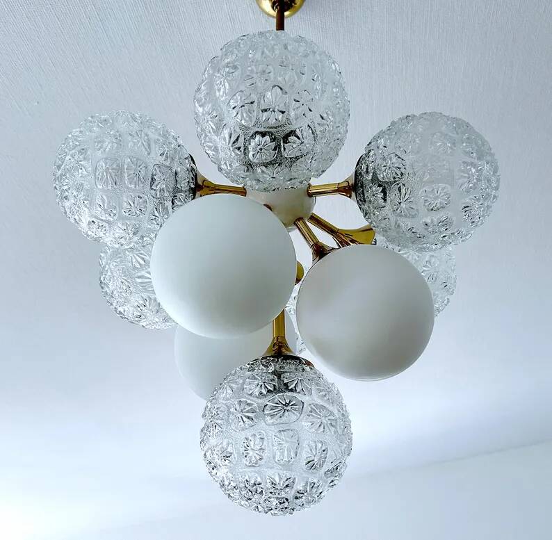 Mid Century Italian Glass & Brass Pendant Light