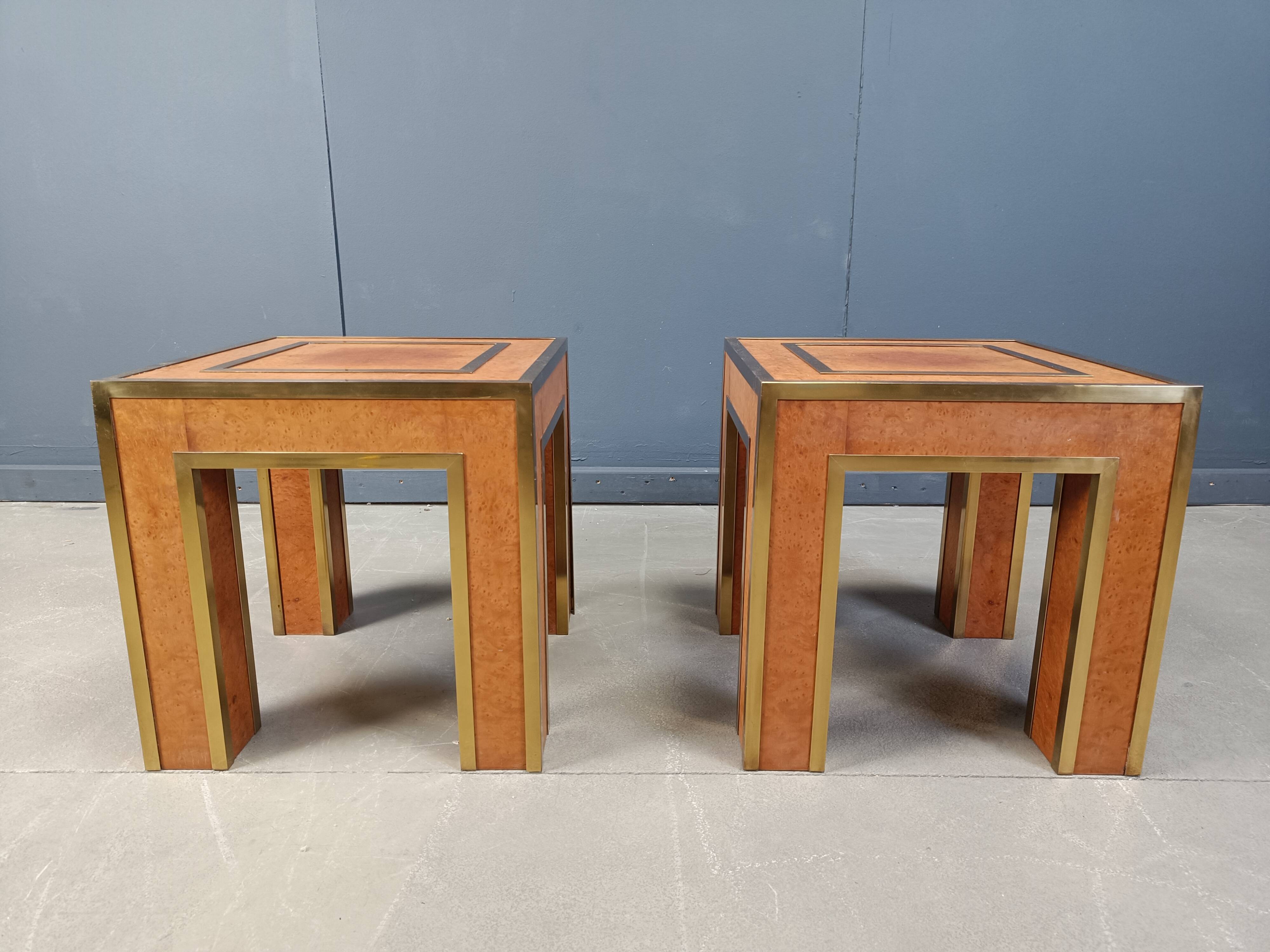 Pair of brass and burl wood side tables, 1980s