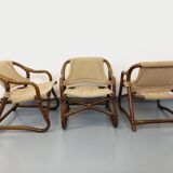 Suite de 3 fauteuils danois vintage esprit safari de Horsnæs Møbelfabrik en rotin et tissu des année