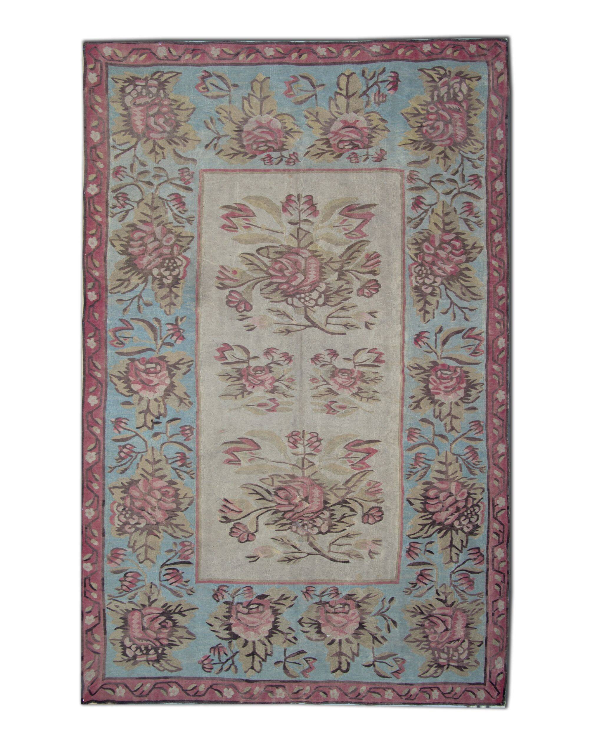 Tapis Kilim de Bessarabie en laine tissée à plat à motifs floraux roses et bleu, 1870