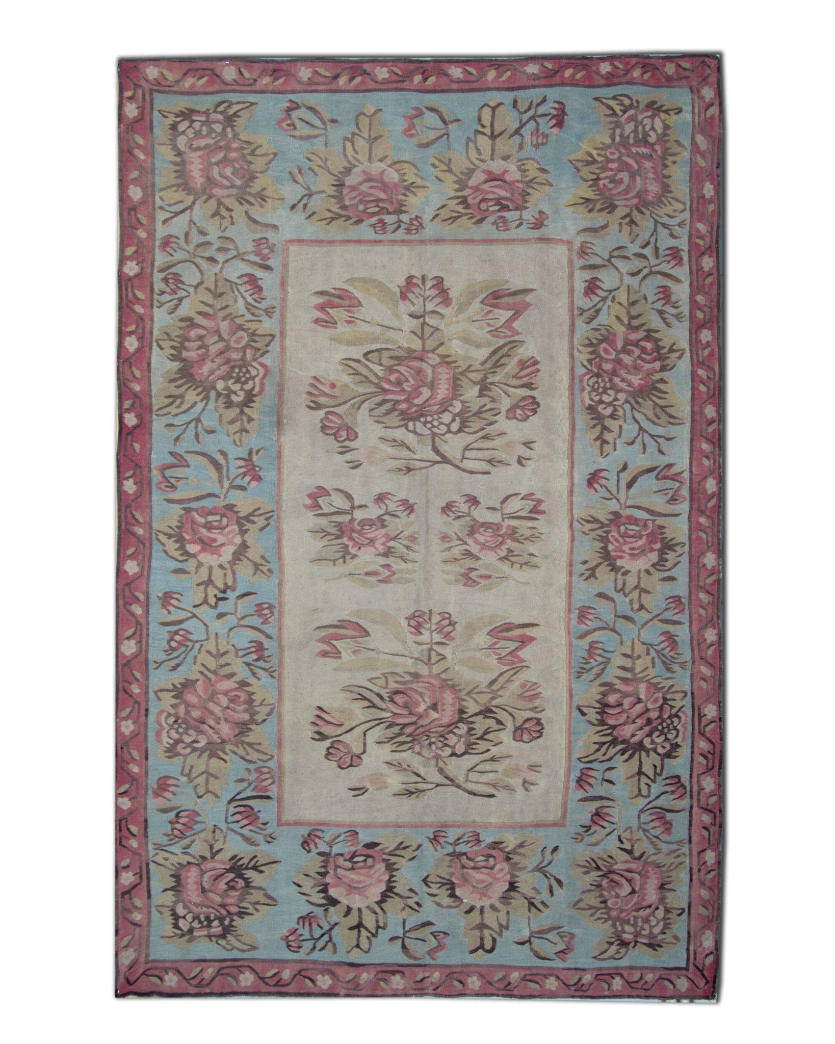 Bessarabian Kilim Rug 1870, Pink & Sky Blue Floral Wool Flatweave 176x271cm