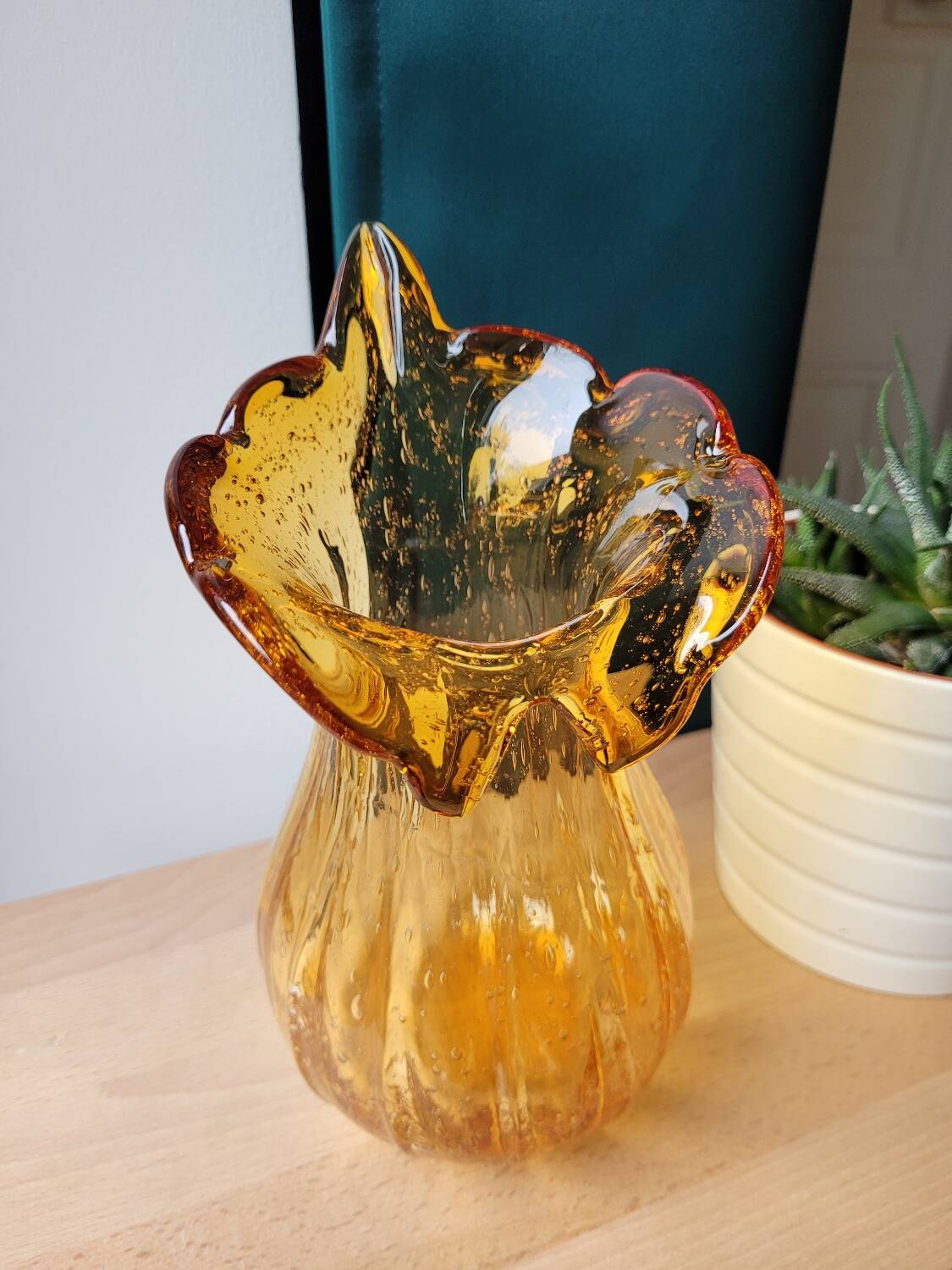 Orange bubbled glass vase