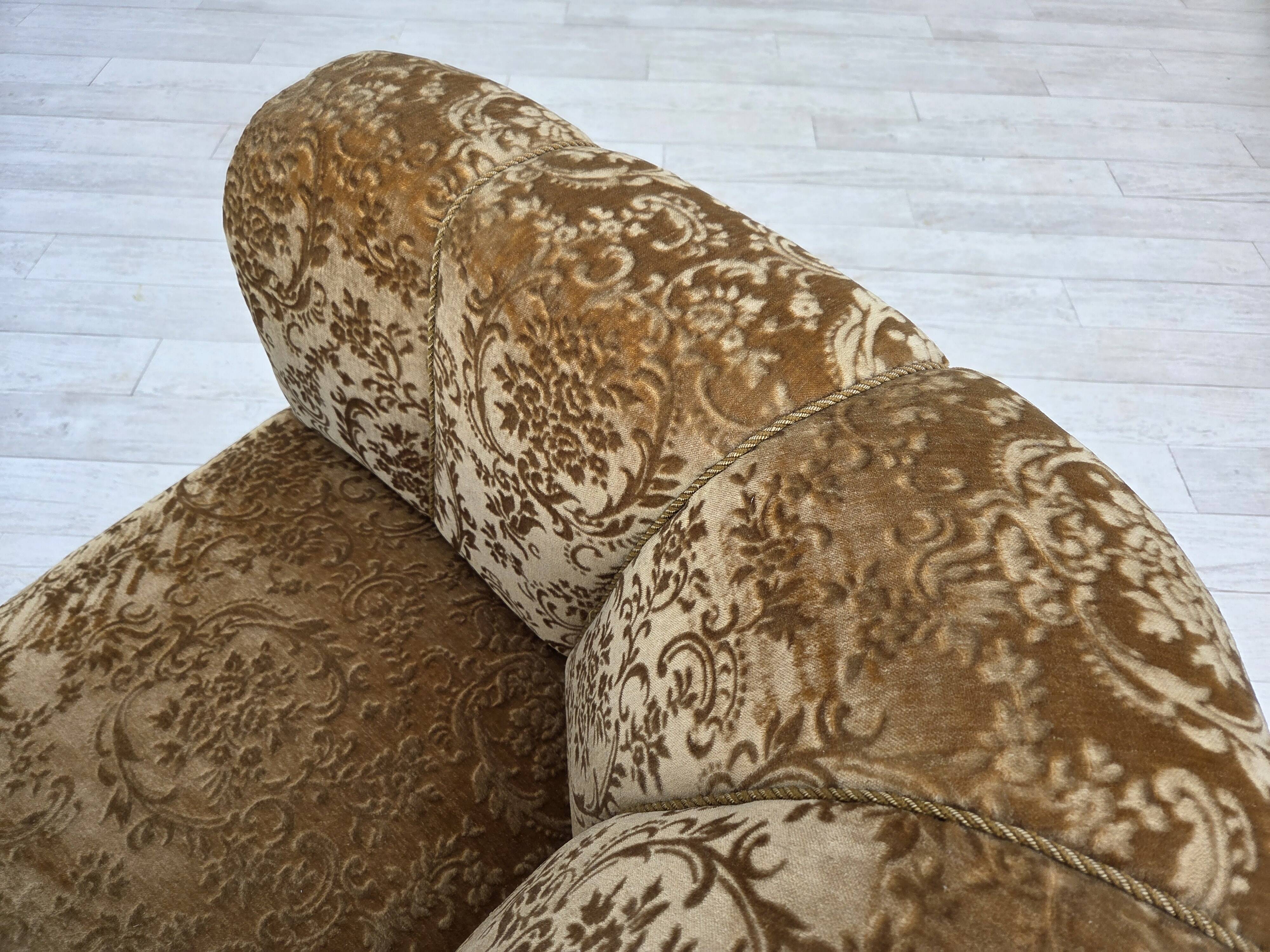 1960s, Danish vintage armchair, green furniture velour, ash wood legs.