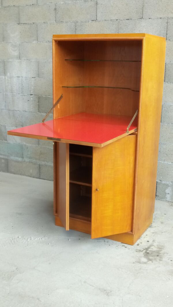 Bar travail Français formica rouge-rose et chêne circa 40 Francisque Chaleyssin