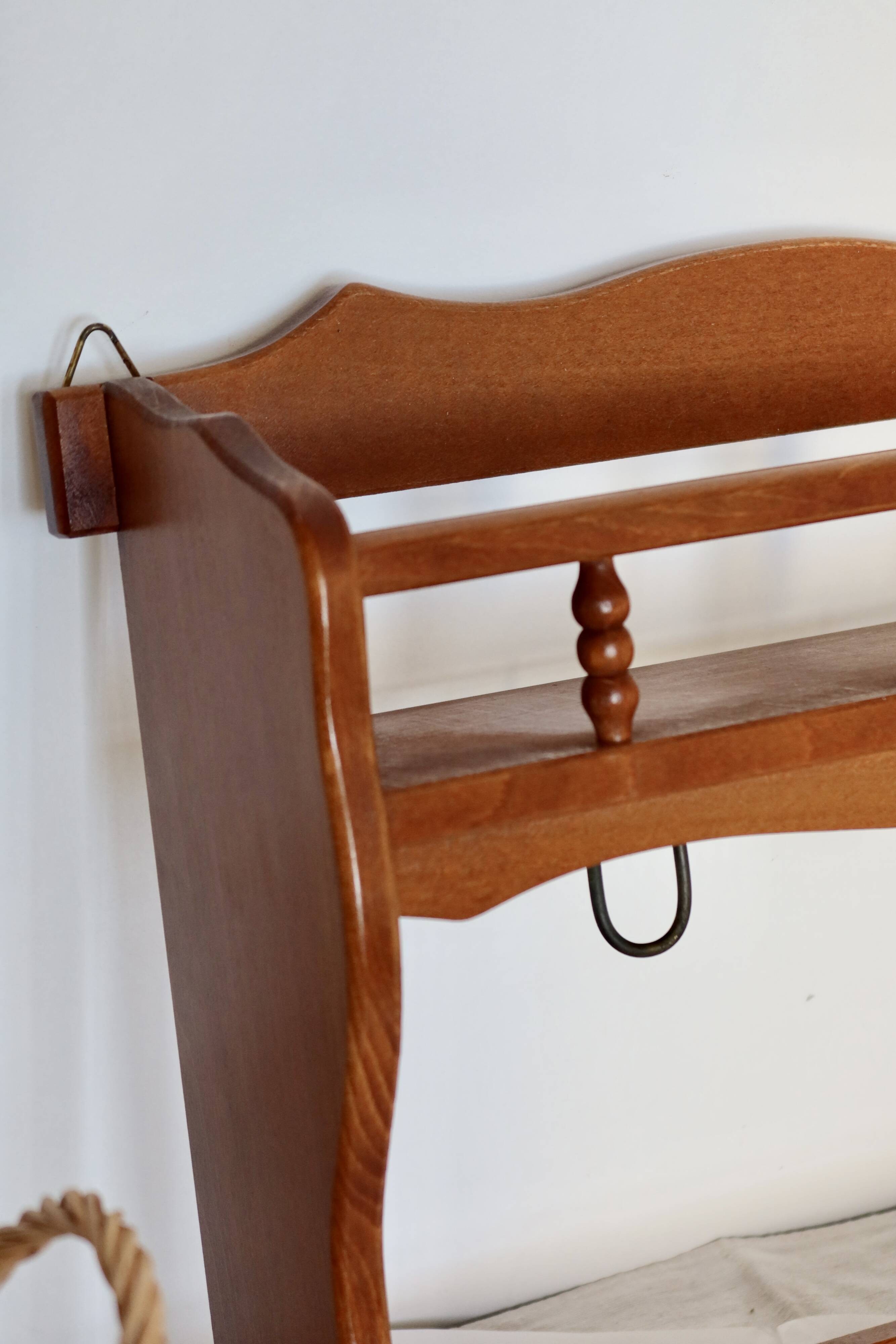 Vintage wooden wall shelf and hooks