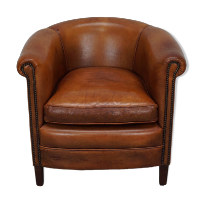 Fauteuil club vintage hollandais en cuir cognac