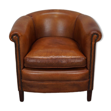 Fauteuil club vintage hollandais en cuir cognac
