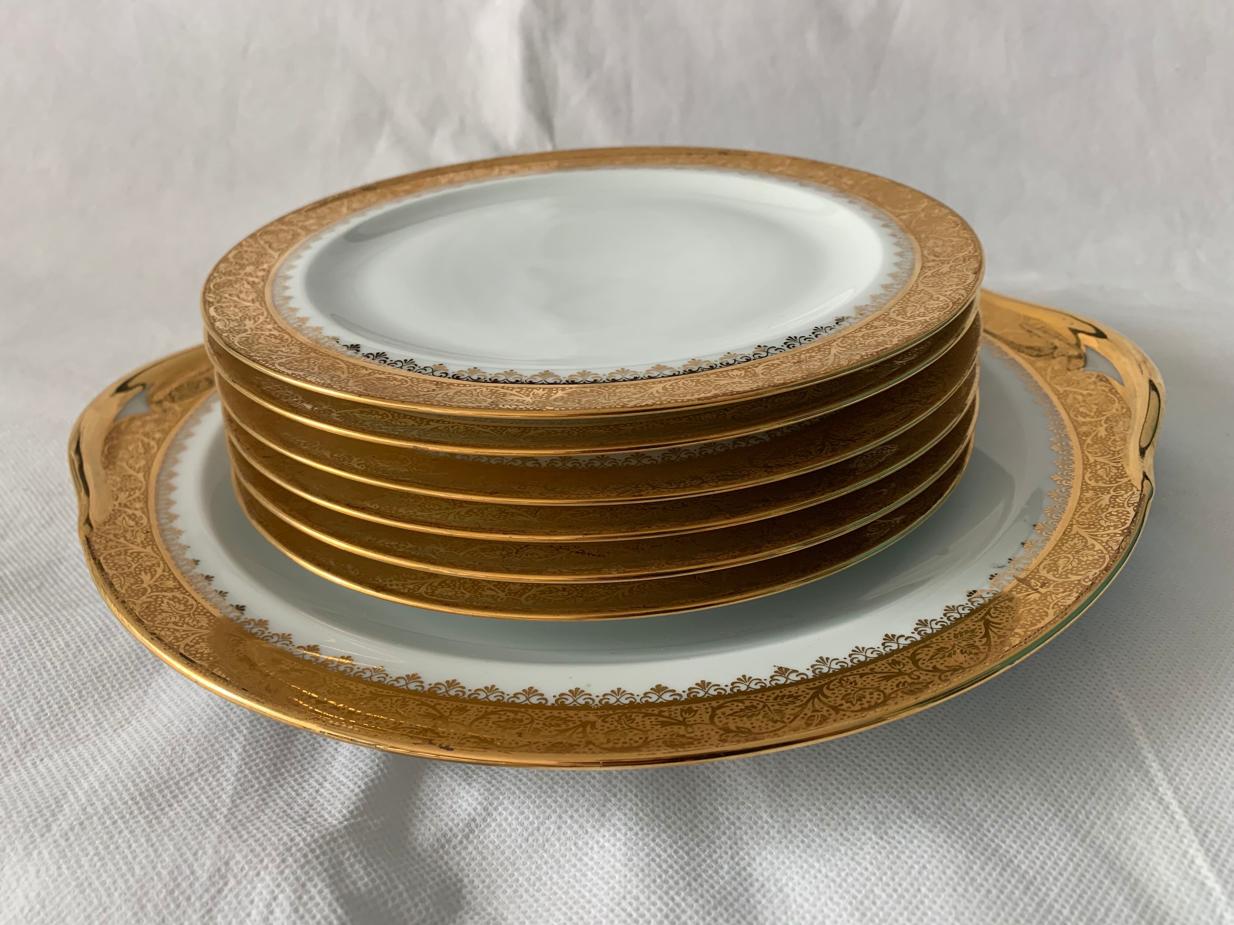 Cake service 6 dessert plates and 2 dishes Georges Boyer porcelain Limoges 1950