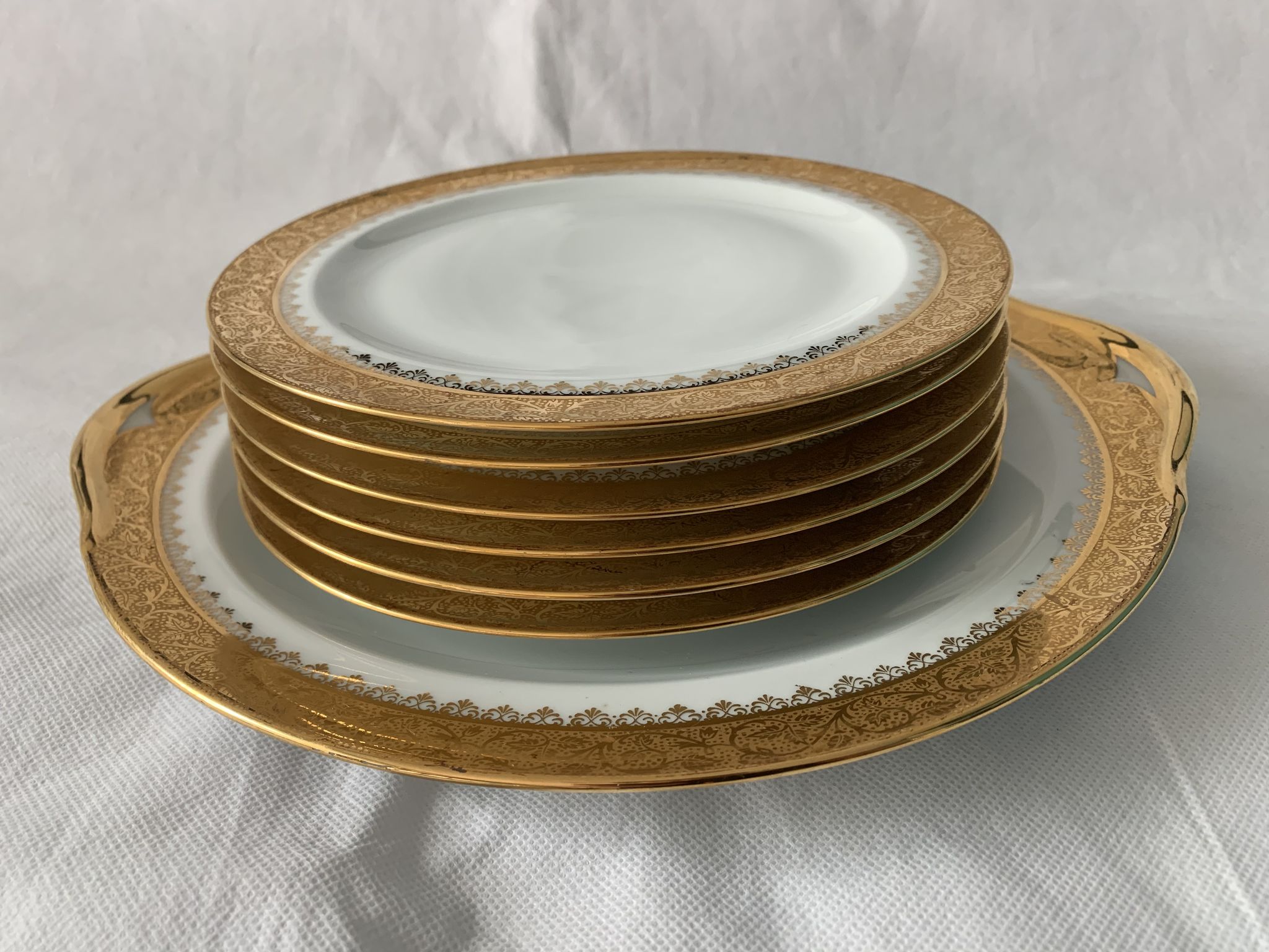 Cake service 6 dessert plates and 2 dishes Georges Boyer porcelain Limoges 1950