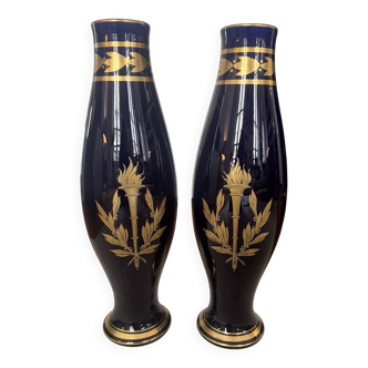 Pair of Gustave Asch blue Touraine vases – gilded Empire decoration