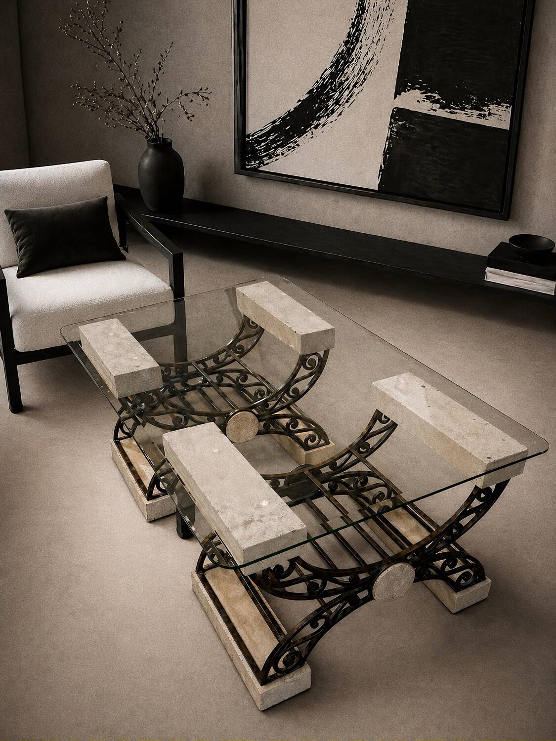 Travertine table with wrought iron, Italy circa 1980.