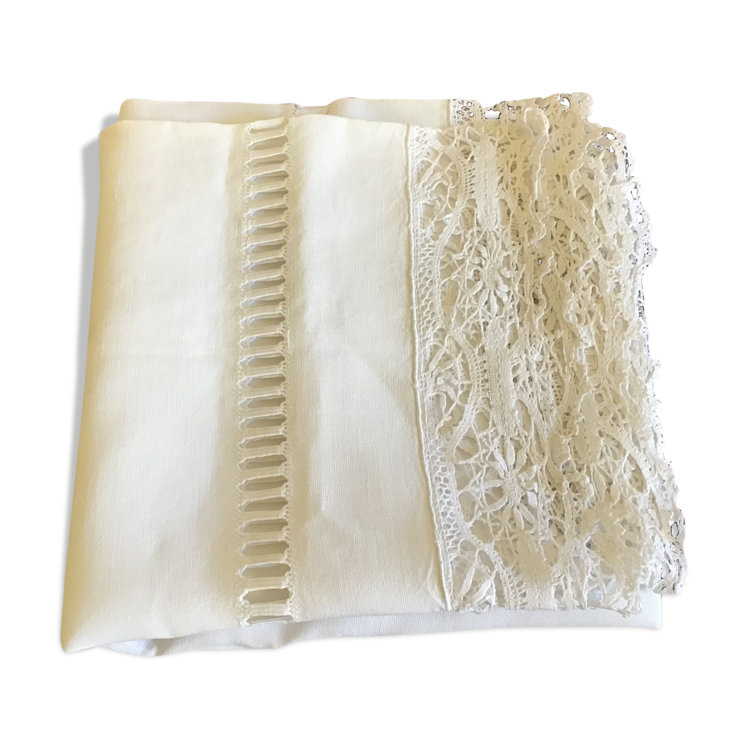 Embroidered white linen tablecloth, square