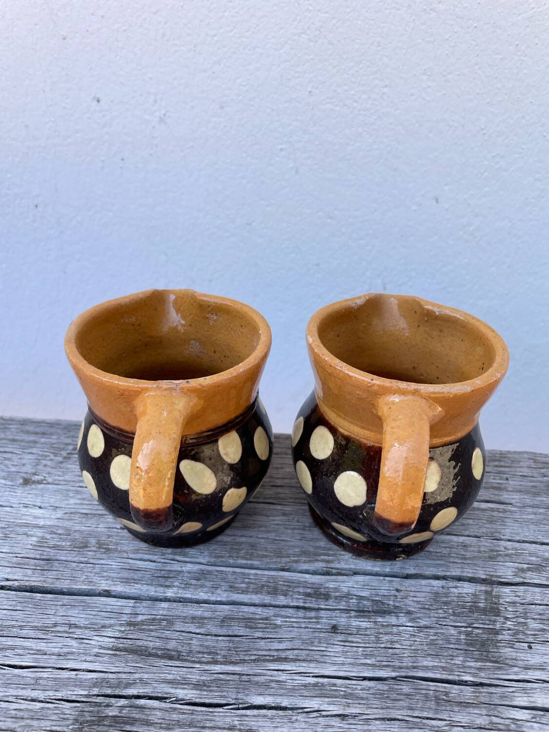 Duo of small Italian polka dot jars