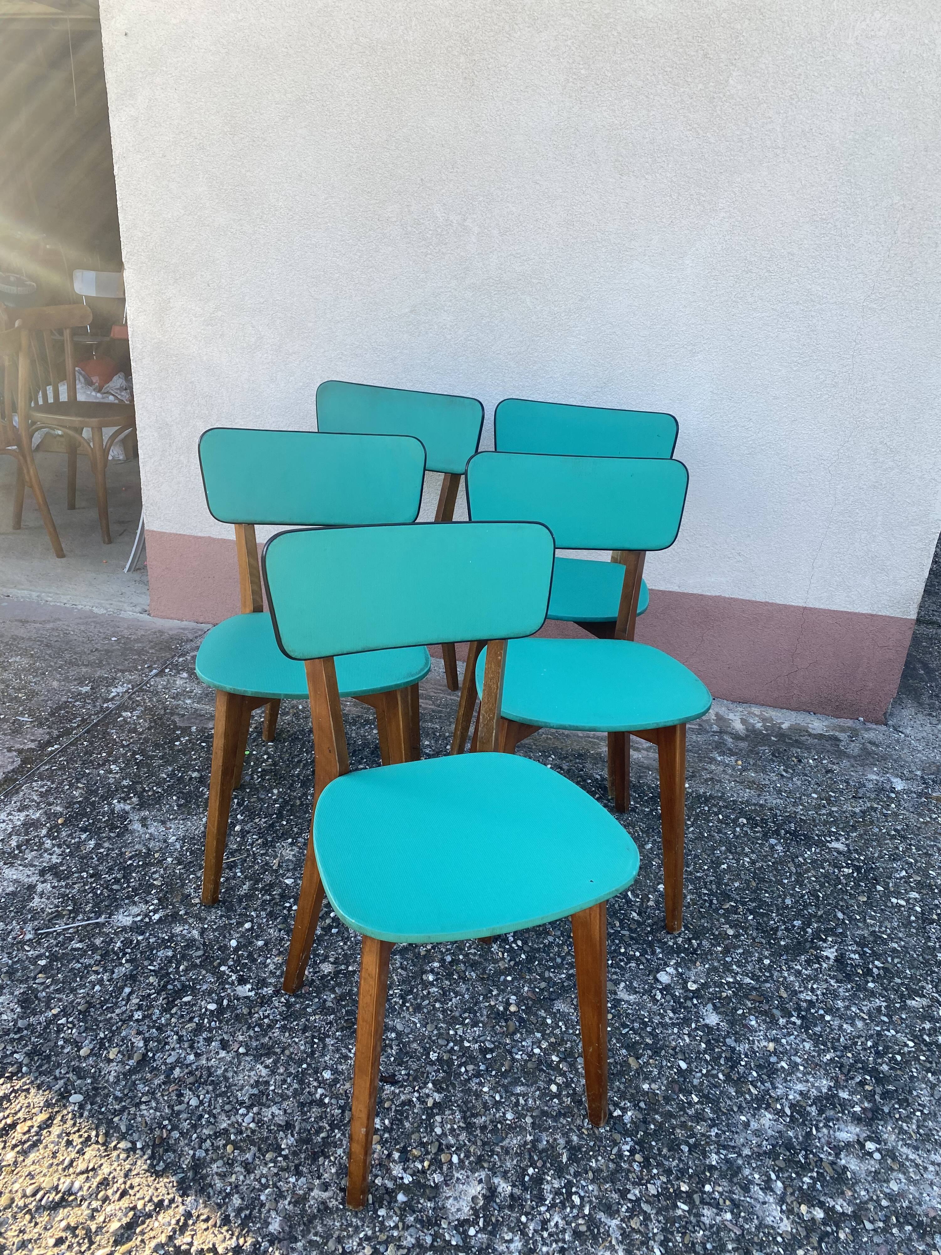 Chaises en skaï pied compas vintage bleu vert