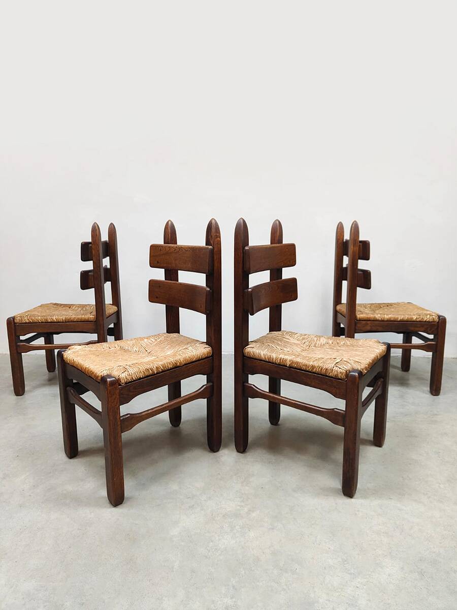 Mid-century brutalist rush dining chairs vintage Charles Dudouyt 1940