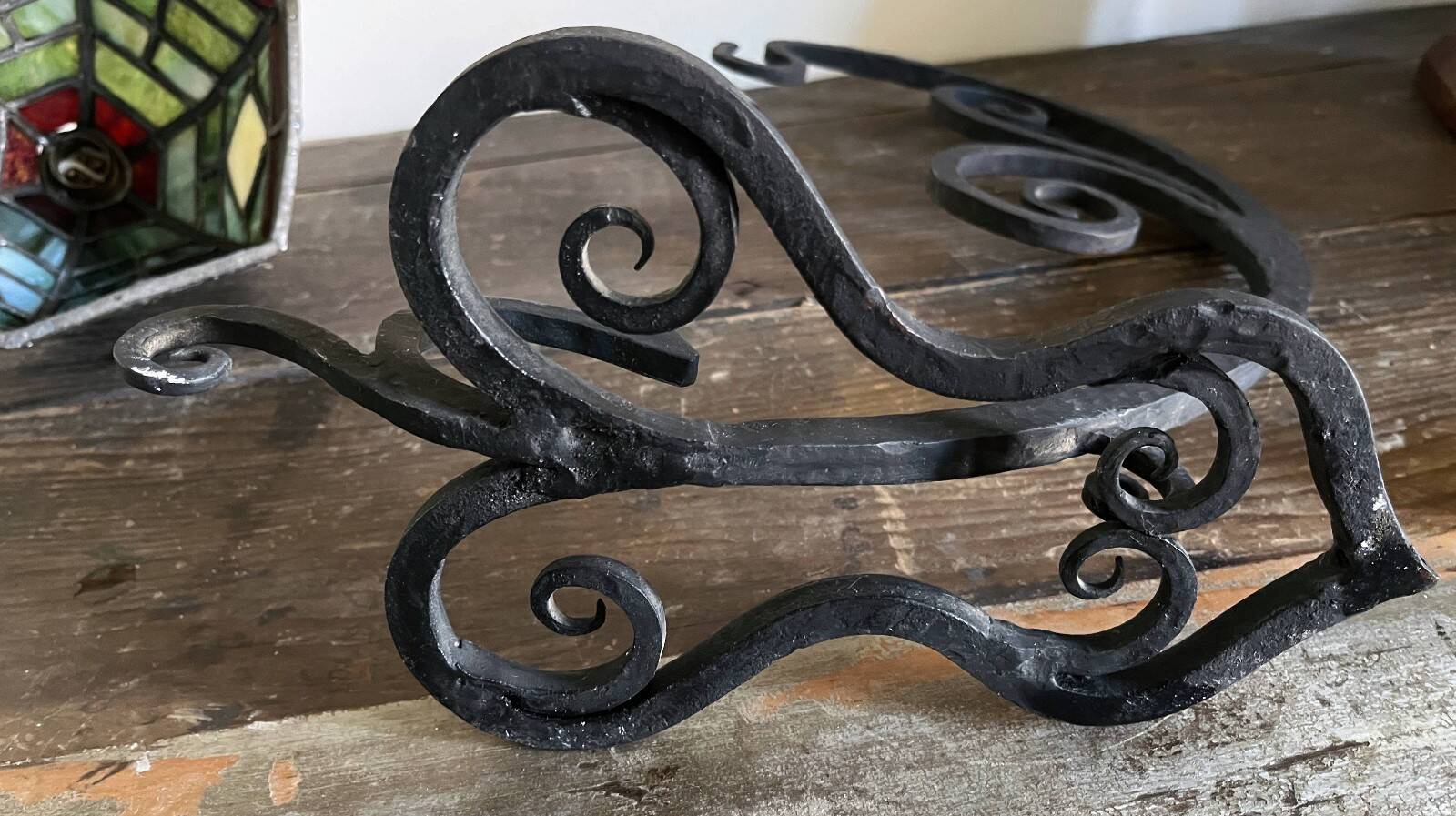 Antique Arts & Crafts Lamp cf. Tiffany Wrought iron and stained glass