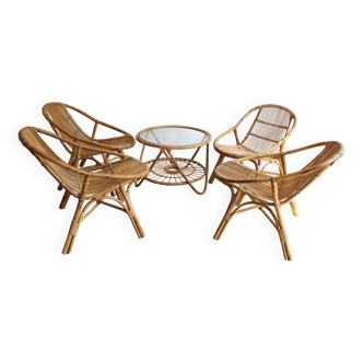 1960's Set of Four Rattan Armchairs and Side Table by Jaroslav Prochazka for ULUV