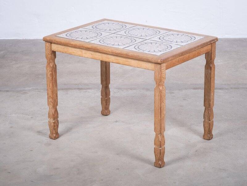 Brutalist Oak Side Table with Tiles, Denmark, 1960s