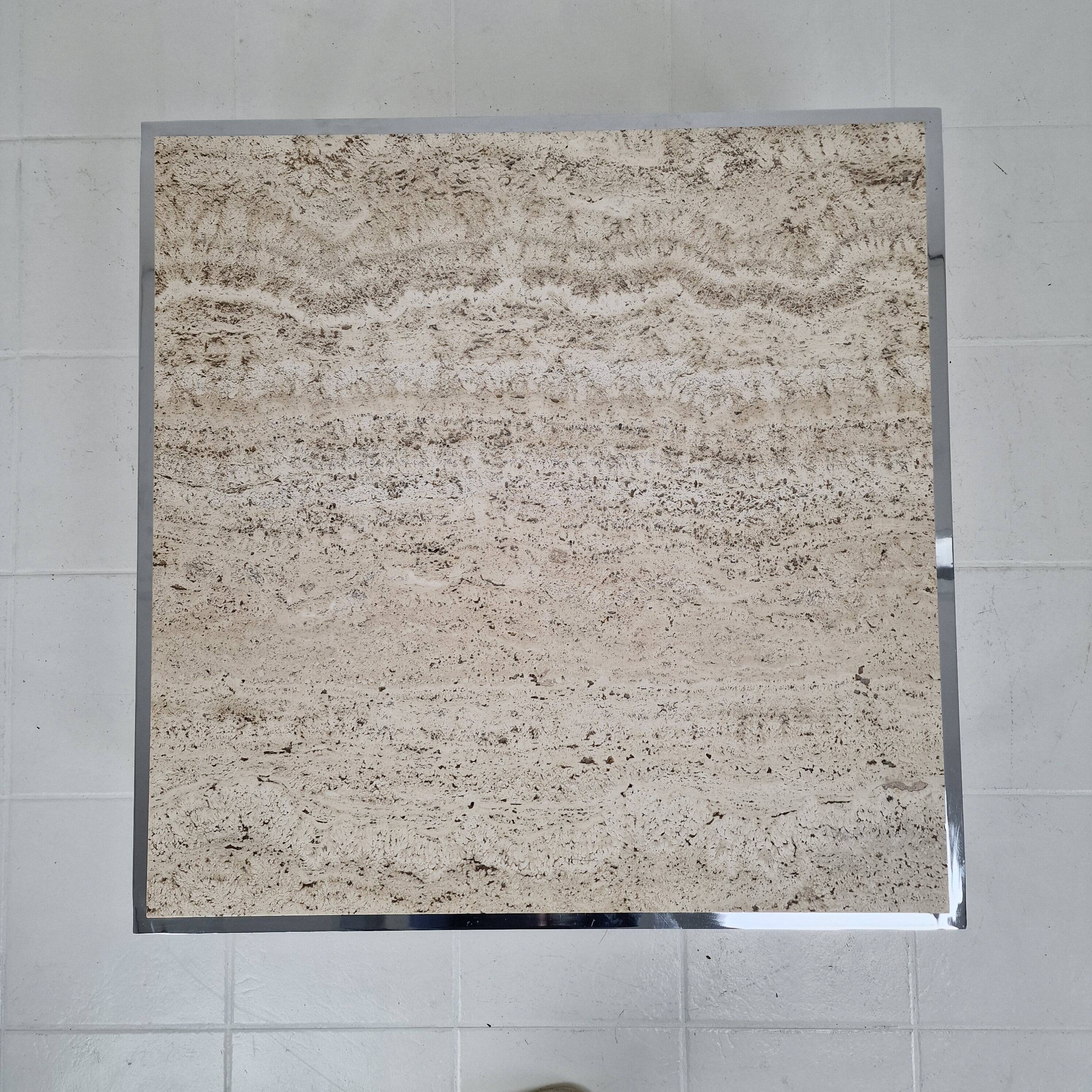 Italian Square Travertine Coffee Table with Steel Base, 1980's