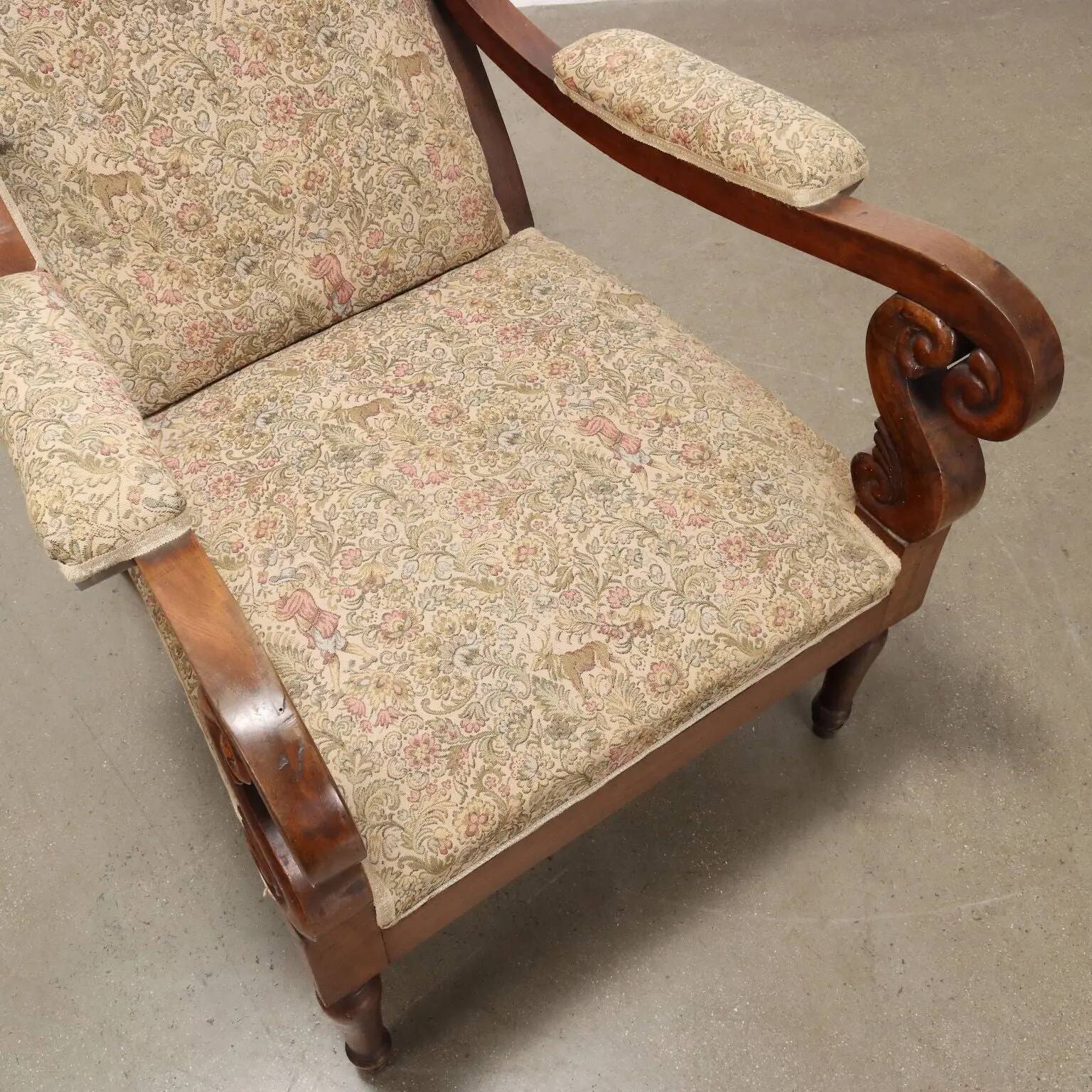 Antique Louis-Philippe armchair in walnut and fabric, Italy, 19th century