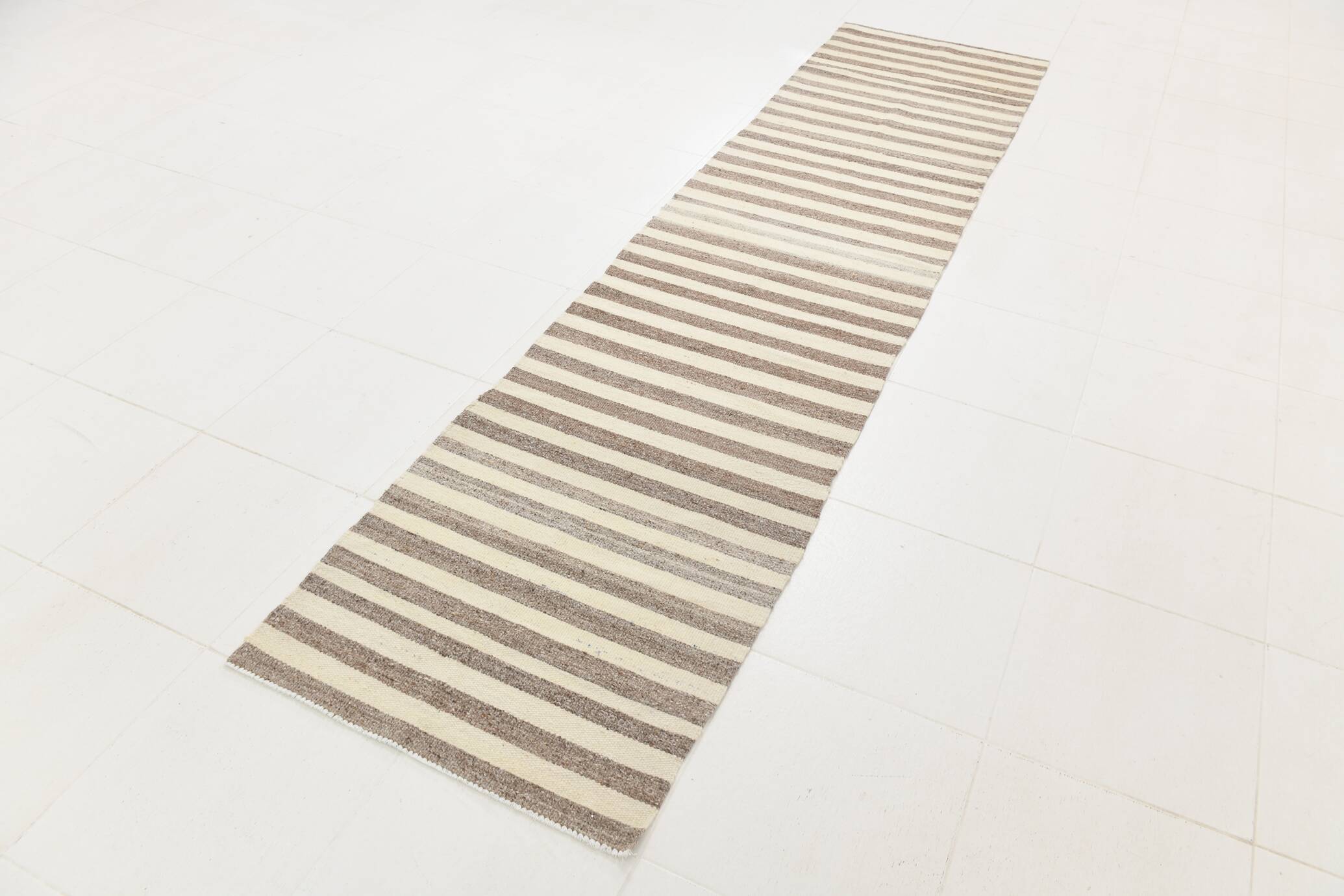 Brown Beige Striped Vintage Kilim Runner Rug, 78x330Cm