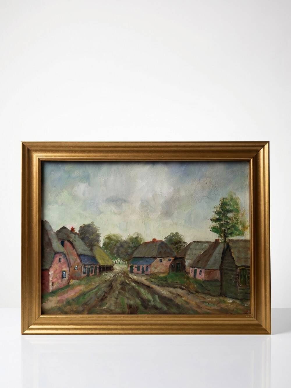 Oil on panel small rural village, vintage framed painting from the 1950s-1970s.