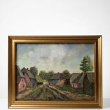 Oil on panel small rural village, vintage framed painting from the 1950s-1970s.