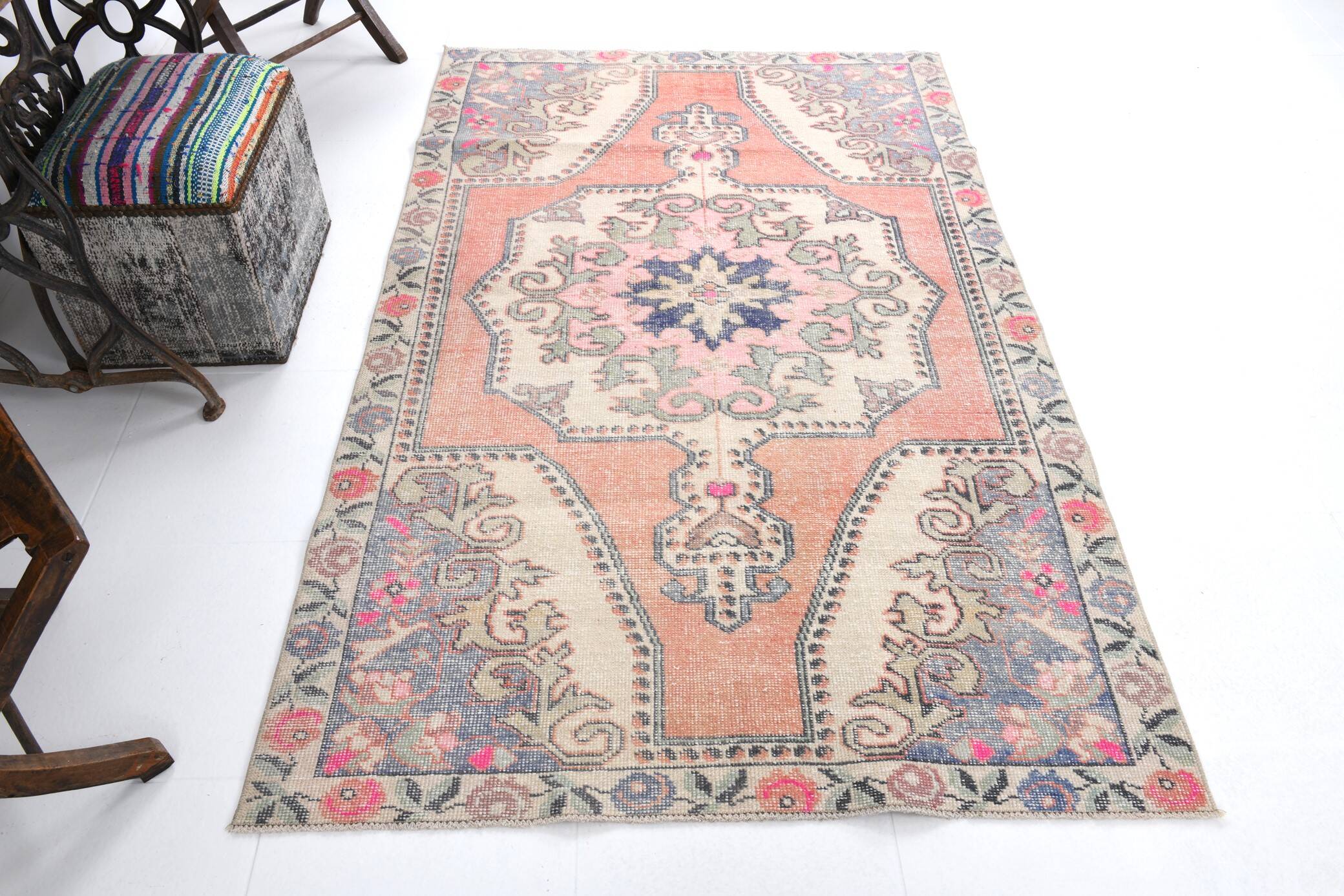 4x7 Pale Orange & Beige Oriental Wool Turkish Vintage Rug, 127x210Cm SK 6787