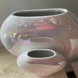 Duo of vintage round vases in iridescent ceramic