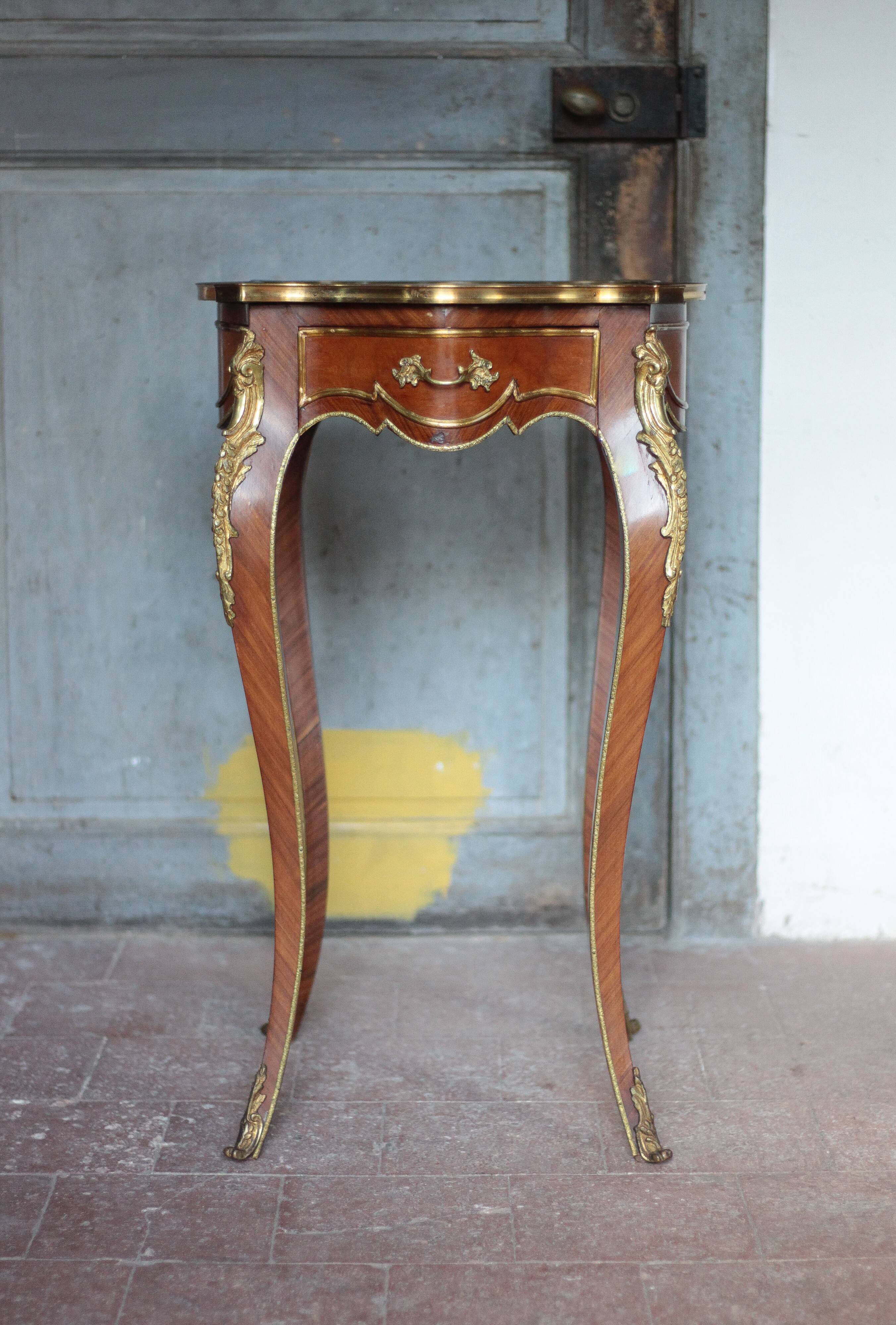 Wooden bedside table with marquetry and bronze, side table with curved legs