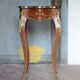 Wooden bedside table with marquetry and bronze, side table with curved legs