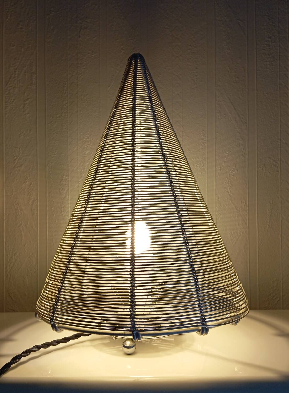 Conical stainless steel wire table lamp, vintage 80's