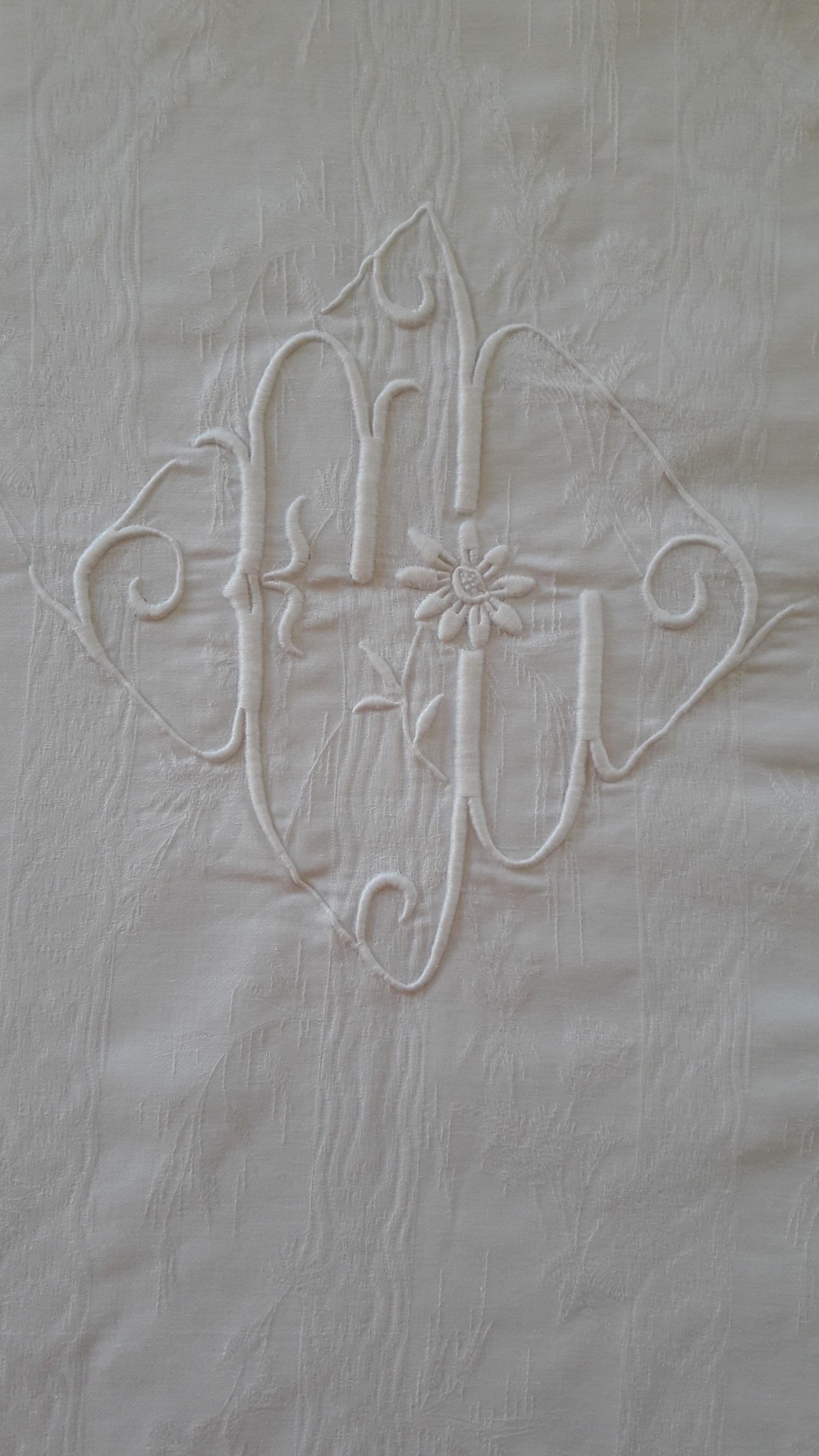Old quilt cover Monogram white cotton damask fabrics