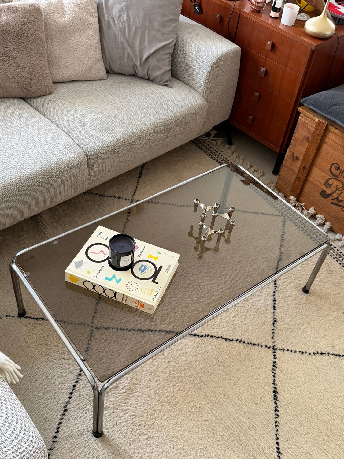 Ancienne table basse chrome et verre fumé vintage