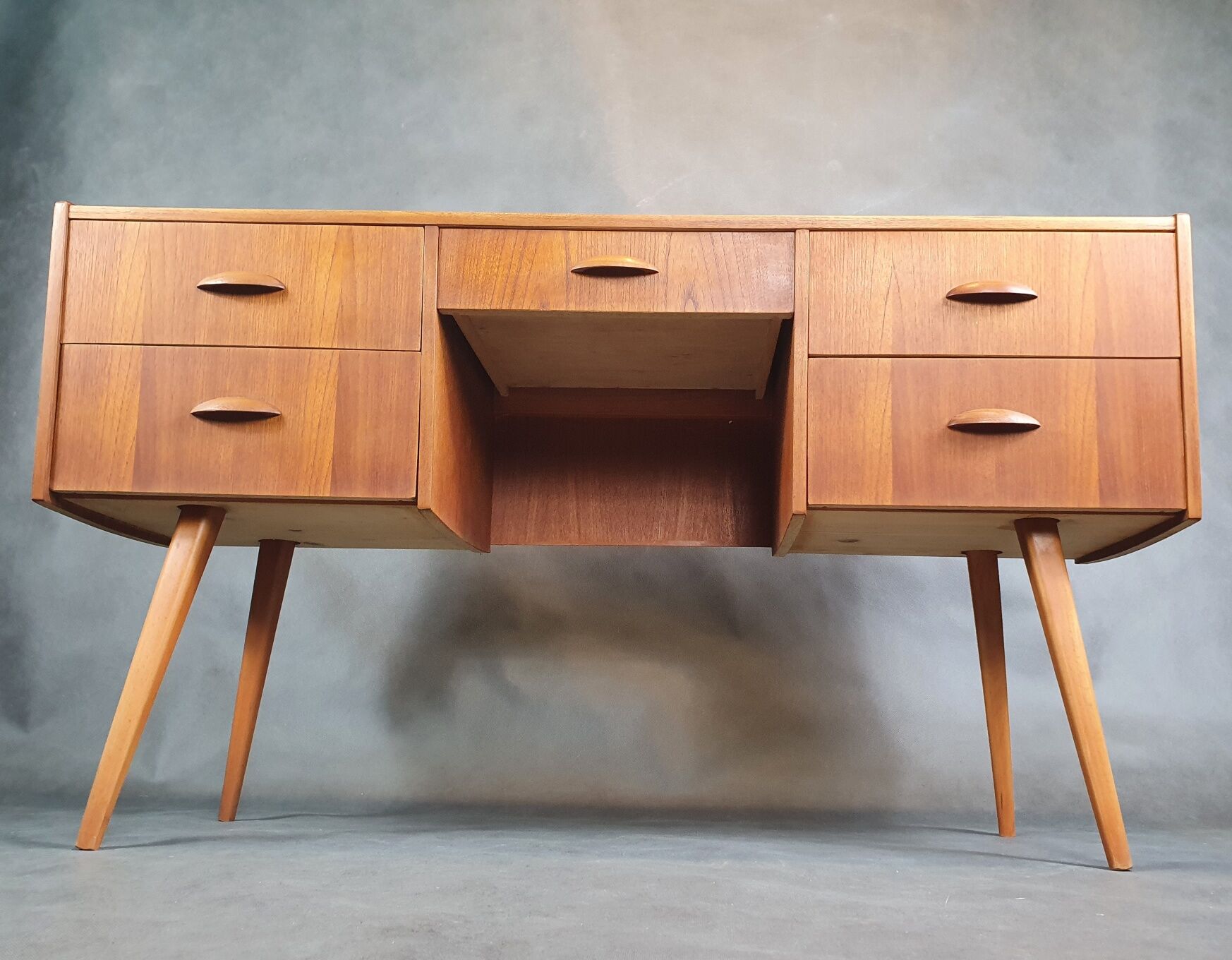 Vintage teak desk with 5 drawers, Restored, Norway 1960