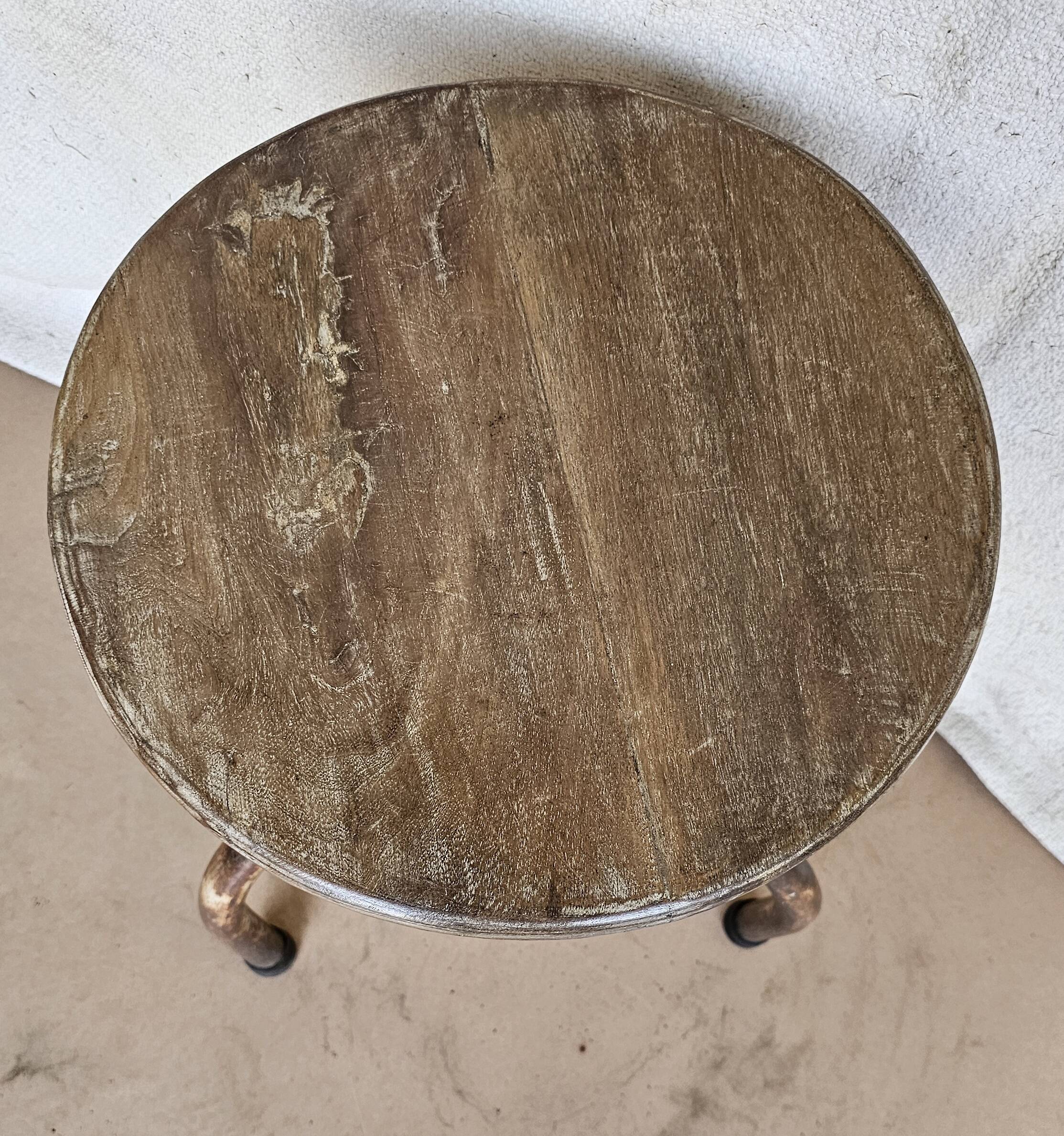 Old workshop stool in teak + wrought iron