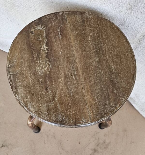 Ancien tabouret d'atelier en teck + fer forgé