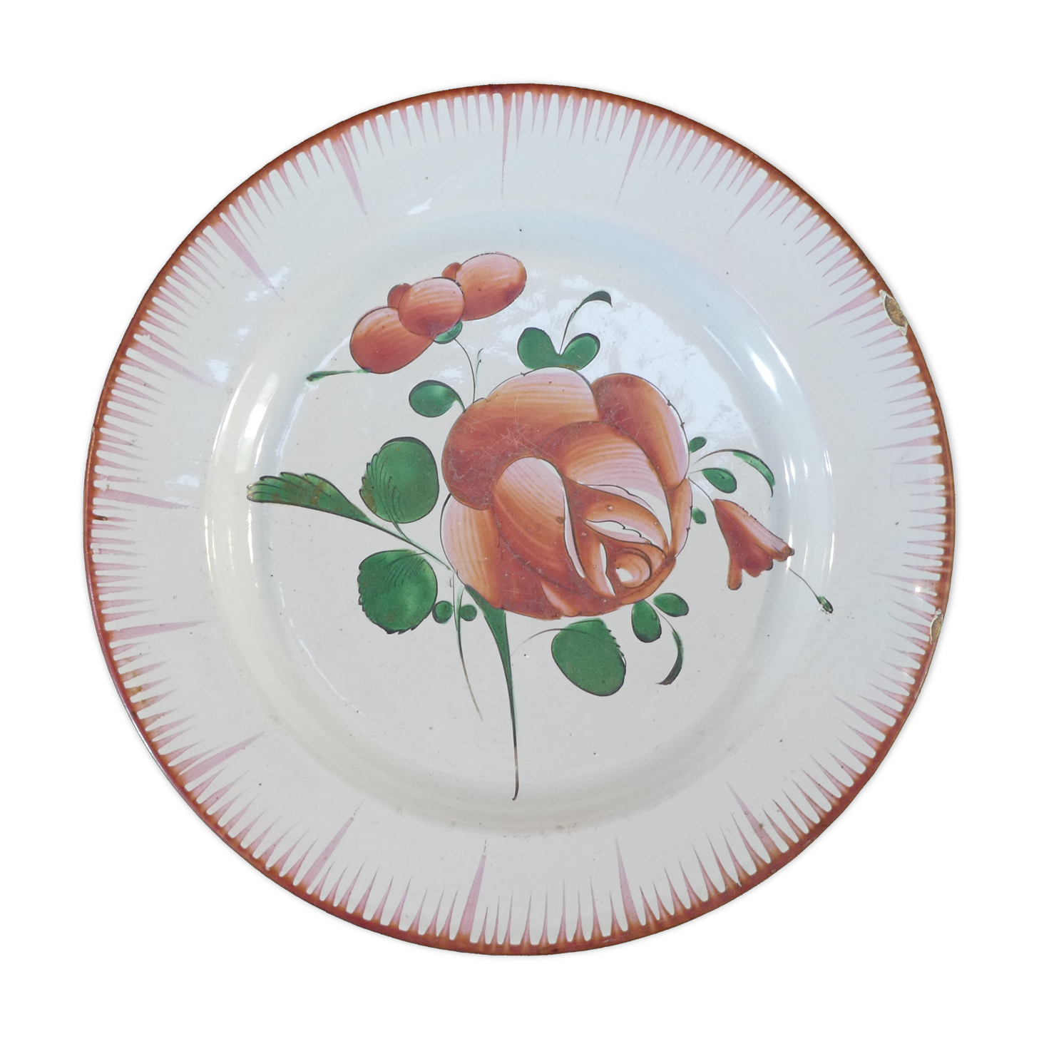 Plate in faience de l'est pink red 19th Luneville islettes st clement nº3