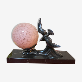 Art Deco marble night light lamp with bird and pink opaline 1930 made in France