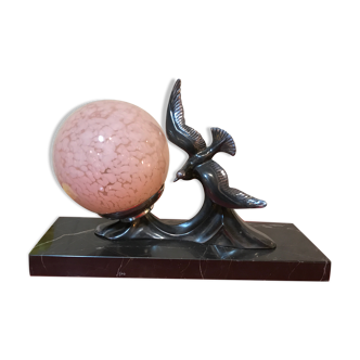 Art Deco marble night light lamp with bird and pink opaline 1930 made in France
