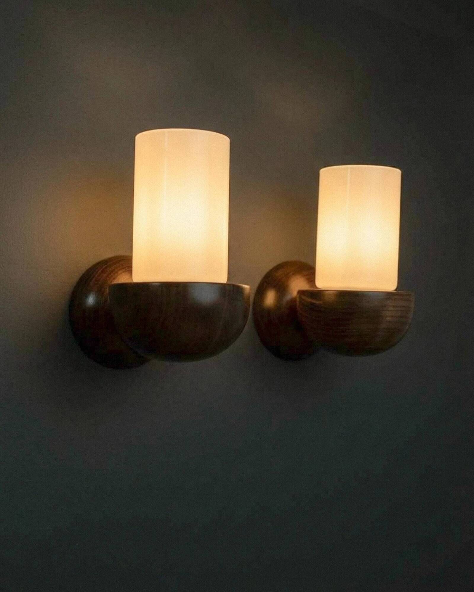 Vintage wall sconces from the 1960s, set of 2, dark wood with white glass shades, Mid-Century Modern lighting, sculptural wall sconces.