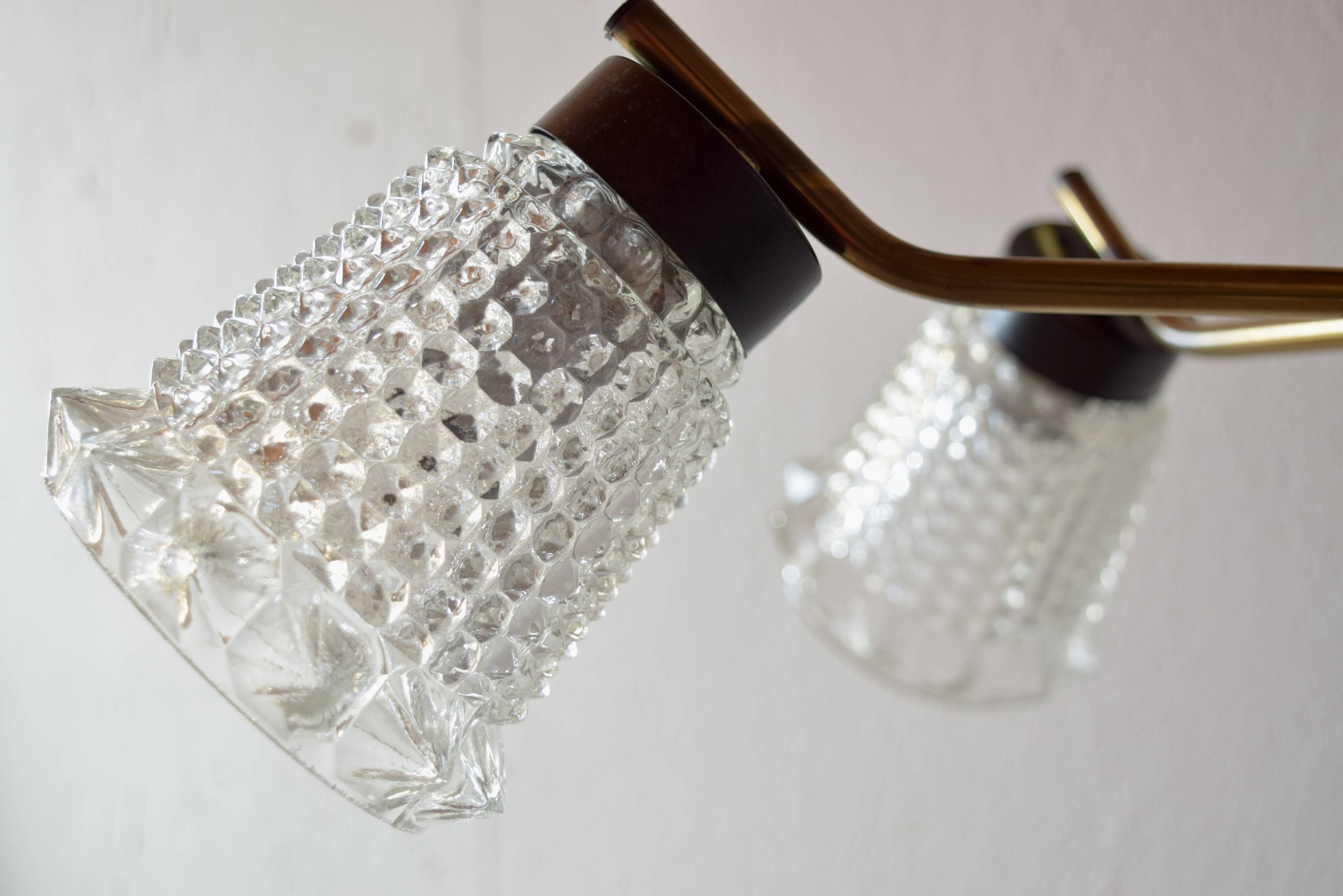 Vintage chandelier in molded glass, brass and steel - 5 branches - 1960s